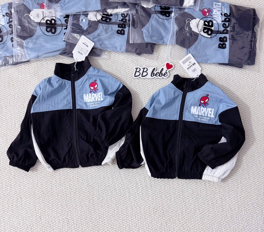 ÁO GIÓ DÀI TAY NHỆN MARVEL XANH ĐEN BÉ TRAI