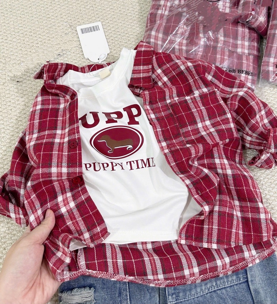 SET DÀI ÁO PHÔNG QUẦN BÒ KÈM SƠ MI KẺ ĐỎ BÉ TRAI