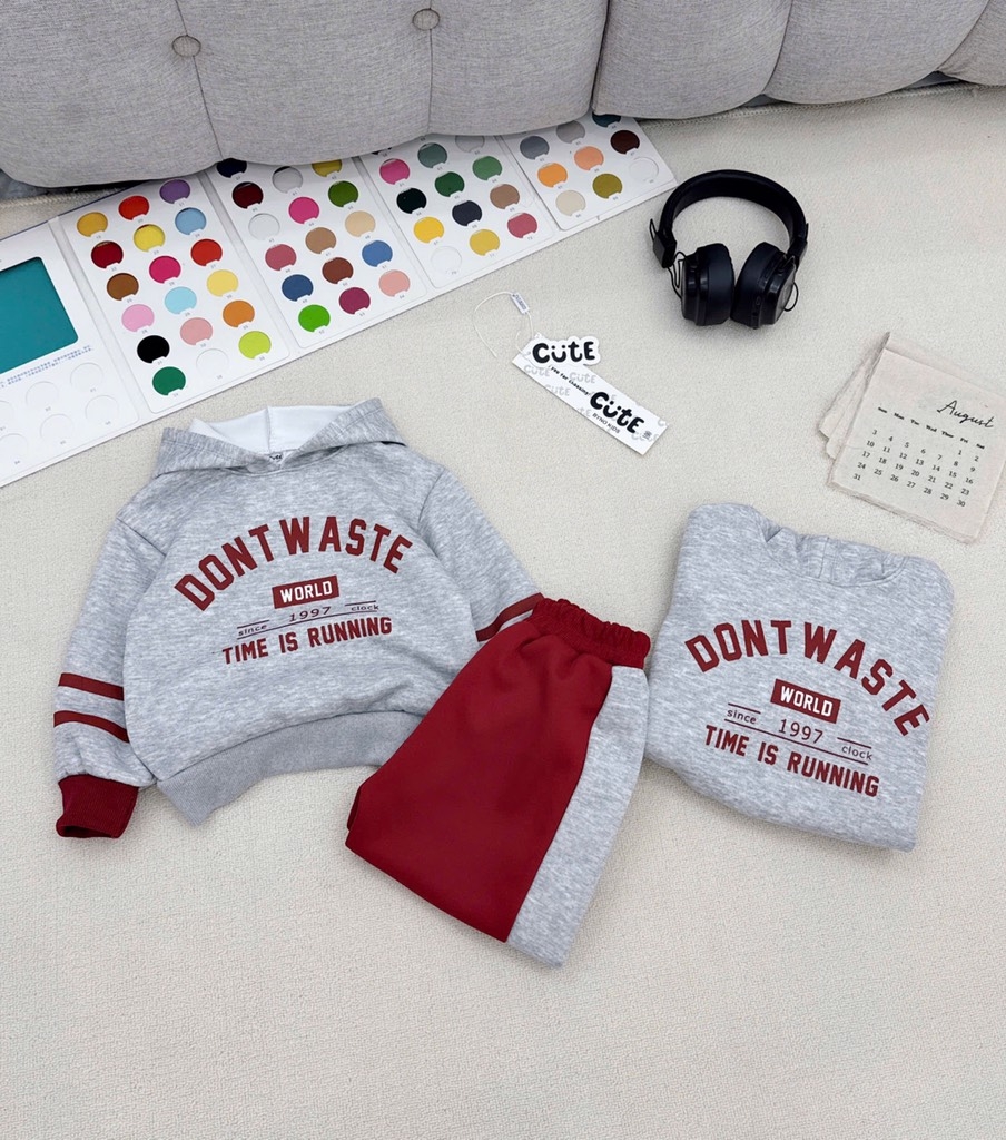 SÉT BỘ NỈ MŨ 2DA TONE ĐỎ GHI DONT WASTE CỰC YÊU CHO BÉ TRAI