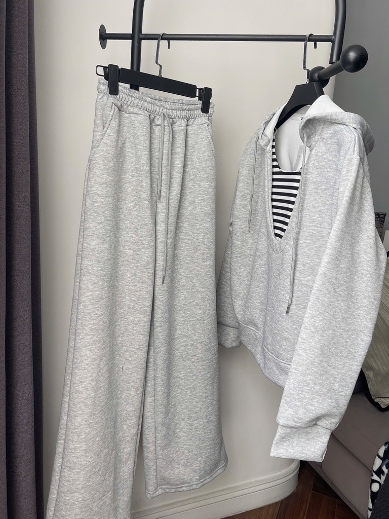 SET BỘ XÁM ÁO HOODY CỔ PHỐI KẺ NỮ THU ĐÔNG SẴN
