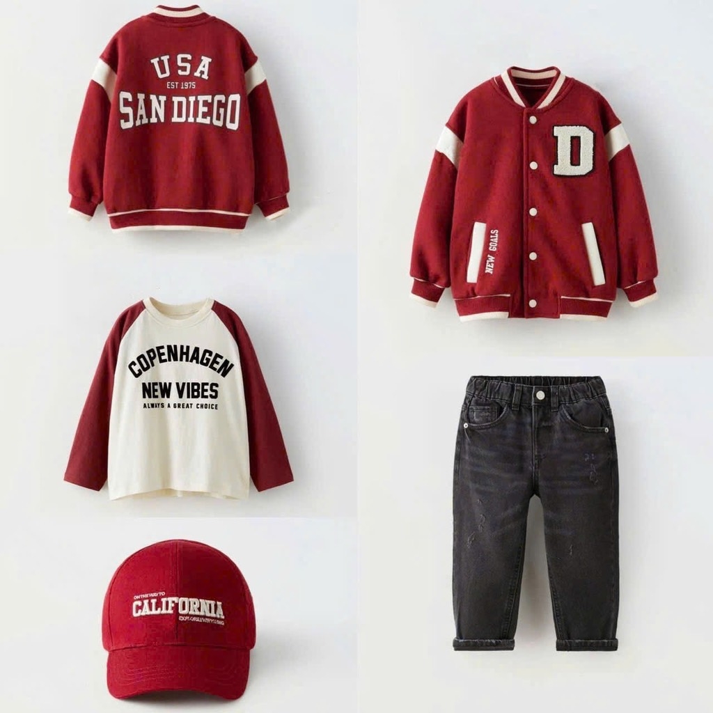 SÉT DÀI 3 MÓN COVER NEW ÁO KHOÁC BOMBER ĐỎ ÁO PHÔNG QUẦN JEAN BÉ TRAI