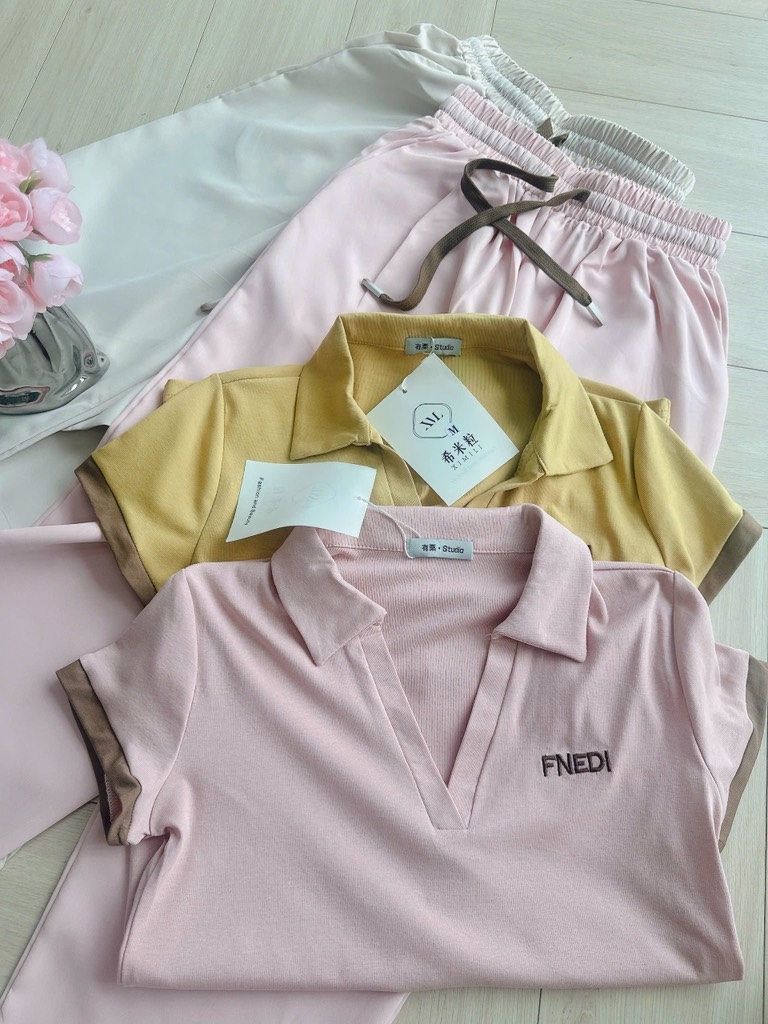 BỘ FENNN DI ÁO CỔ BẺ MIX QUẦN DÂY NÂU NỮ (SALE 129K)