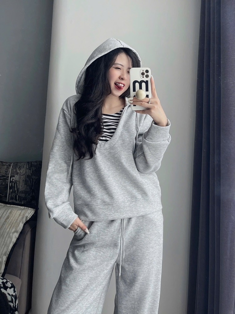 SET BỘ XÁM ÁO HOODY CỔ PHỐI KẺ NỮ THU ĐÔNG SẴN