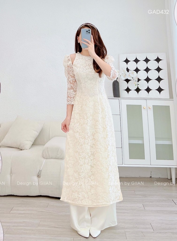 SET ÁO DÀI REN 2 LỚP CỔ NGỌC ĐÍNH VAI ĐÁ(xả 150k)