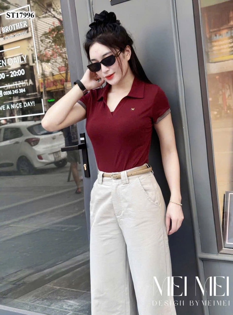 ÁO CỔ V PHỐI TAY ĐÍNH TAG NỮ SẴN