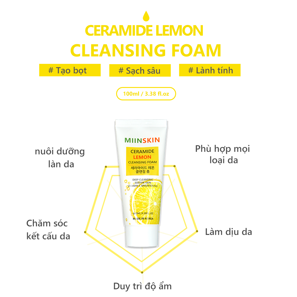 Sữa rửa mặt sáng da chiết xuất chanh Miinskin - Miinskin Ceramide Lemon Cleansing Foam