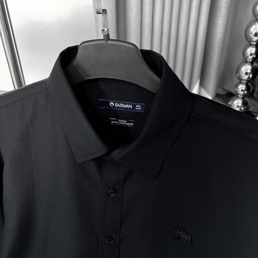 Áo Sơ Mi Tay dài Bigsize Trơn Logo thêu Gấu Màu Đen