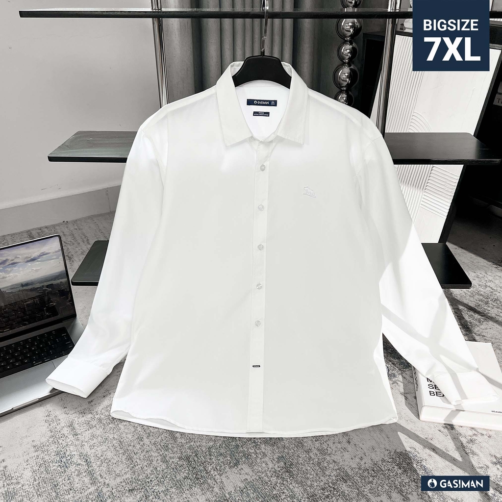 Áo Sơ Mi Tay dài Bigsize Trơn Logo thêu Gấu Màu Trắng