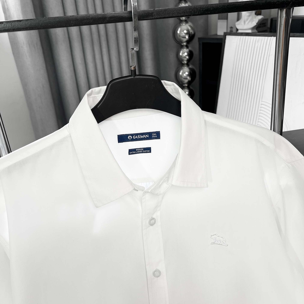 Áo Sơ Mi Tay dài Bigsize Trơn Logo thêu Gấu Màu Trắng