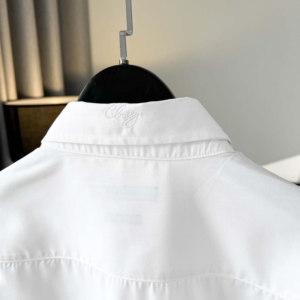 Áo Sơ Mi Tay dài Bigsize Trơn Logo thêu Gấu Màu Trắng