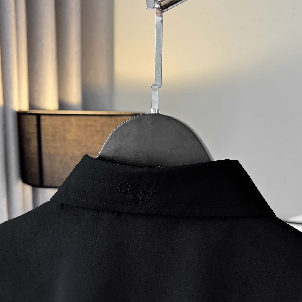 Áo Sơ Mi Tay dài Bigsize Trơn Logo thêu Gấu Màu Đen