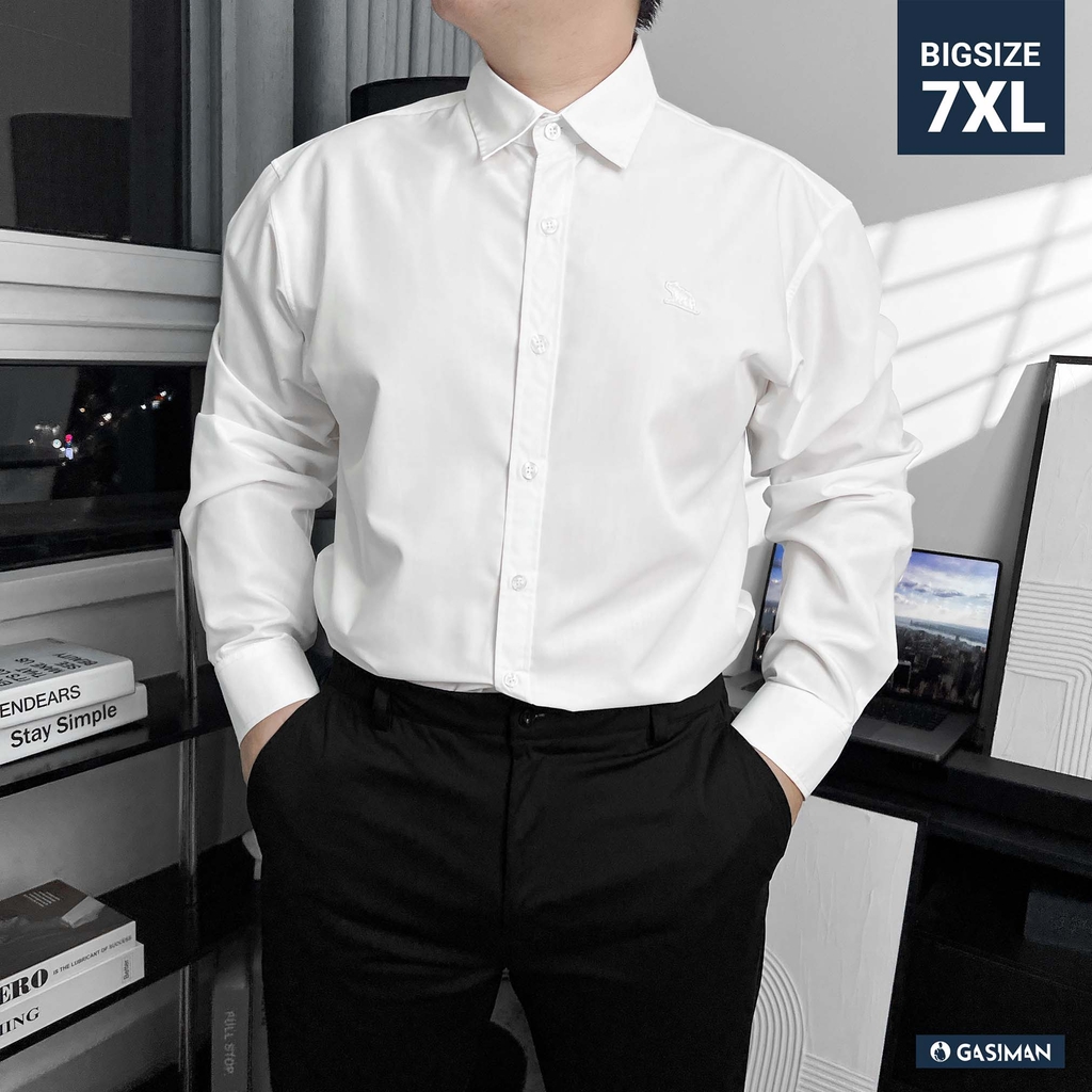 Áo Sơ Mi Tay dài Bigsize Trơn Logo thêu Gấu Màu Trắng