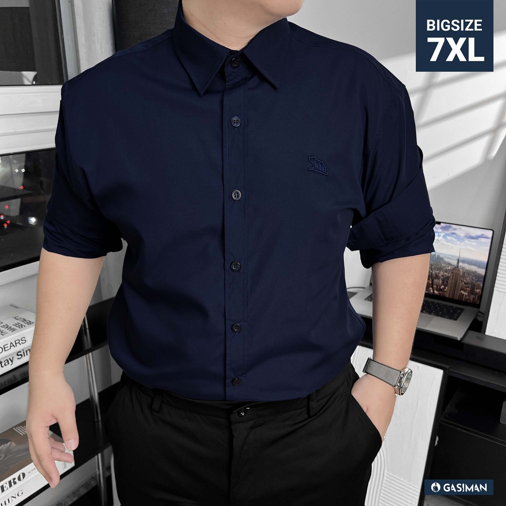 Áo Sơ Mi Tay dài Bigsize Trơn Logo thêu Gấu Màu Xanh đen