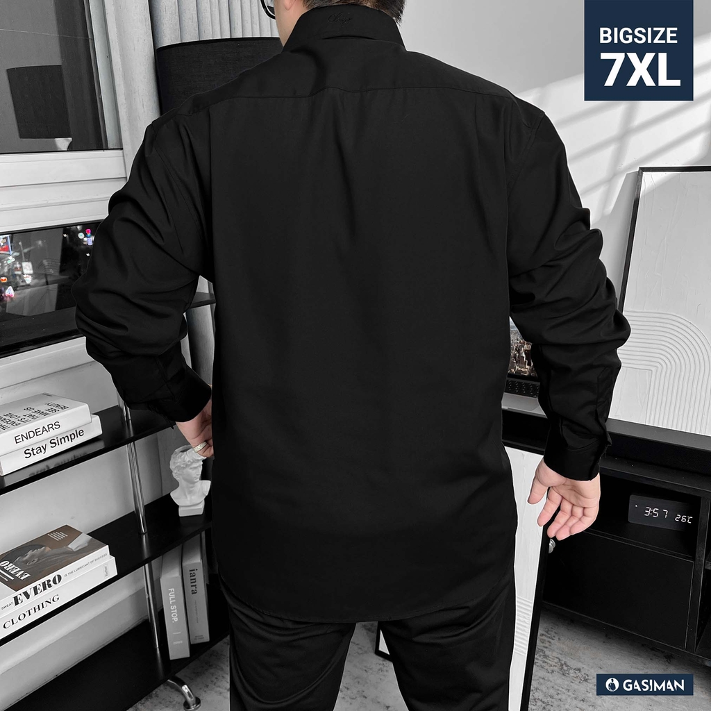Áo Sơ Mi Tay dài Bigsize Trơn Logo thêu Gấu Màu Đen
