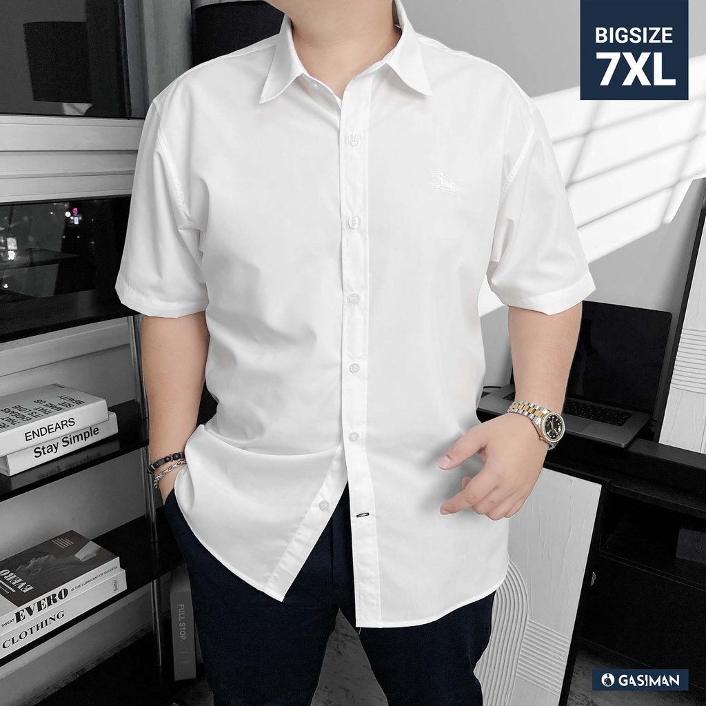 Áo Sơ Mi Tay ngắn Bigsize Trơn Logo thêu Gấu Màu Trắng