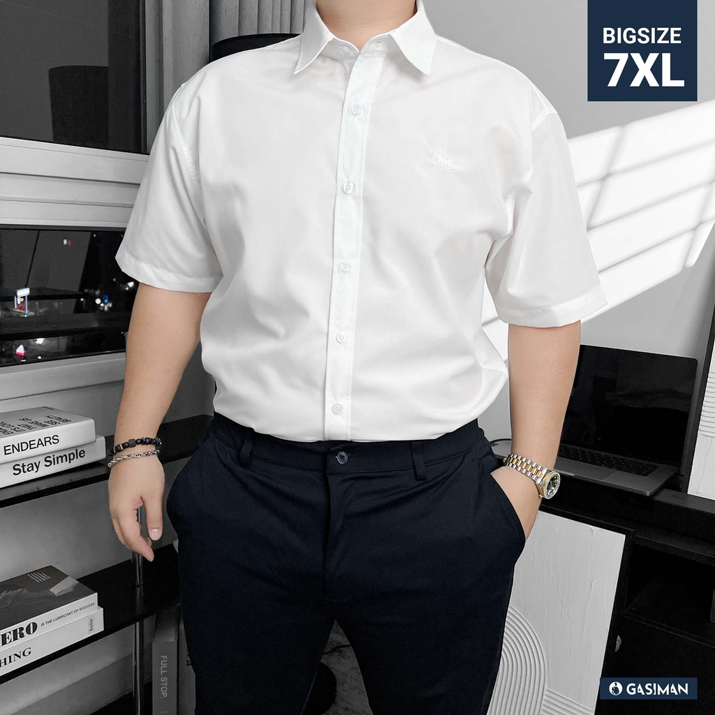 Áo Sơ Mi Tay ngắn Bigsize Trơn Logo thêu Gấu Màu Trắng