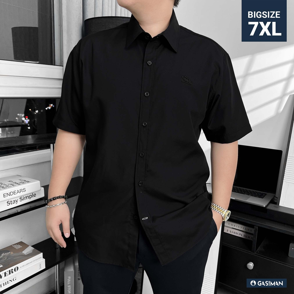 Áo Sơ Mi Tay ngắn Bigsize Trơn Logo thêu Gấu Màu Đen