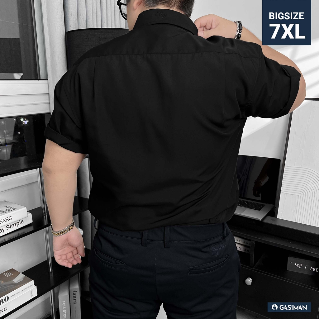 Áo Sơ Mi Tay ngắn Bigsize Trơn Logo thêu Gấu Màu Đen