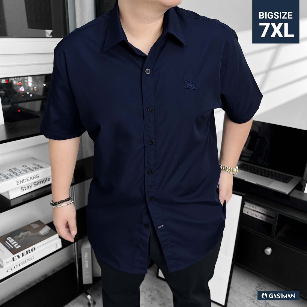 Áo Sơ Mi Tay ngắn Bigsize Trơn Logo thêu Gấu Màu Xanh đen