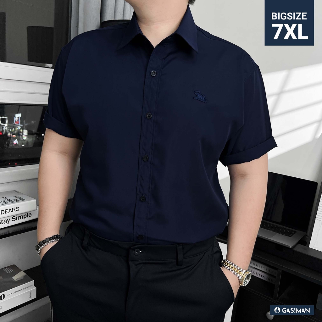 Áo Sơ Mi Tay ngắn Bigsize Trơn Logo thêu Gấu Màu Xanh đen