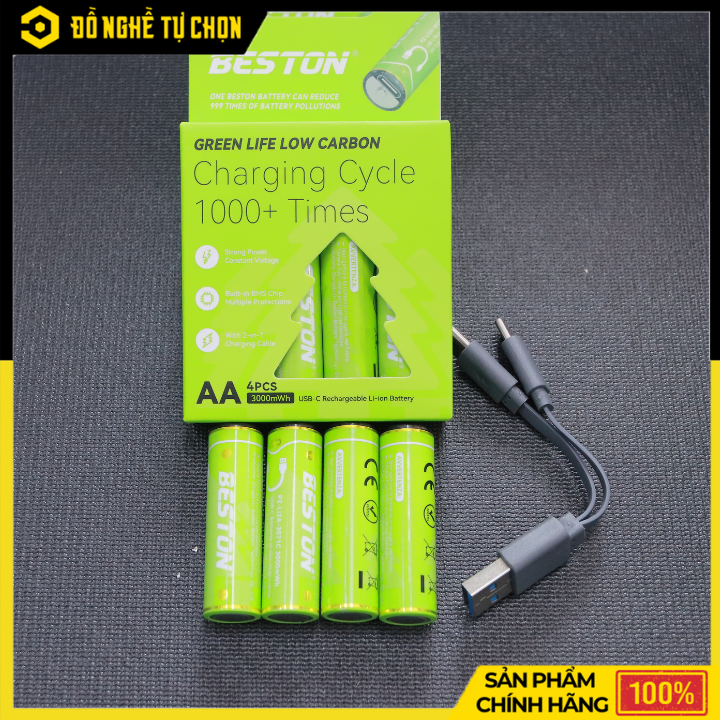 Hộp 4 Viên Pin Sạc AA 3000mWh Beston Lithium 1.5V USB-C - 2AC-80 – Sạc Trực Tiếp, Dung Lượng Cao, Tiện Lợi – Hàng Chính Hãng Có VAT
