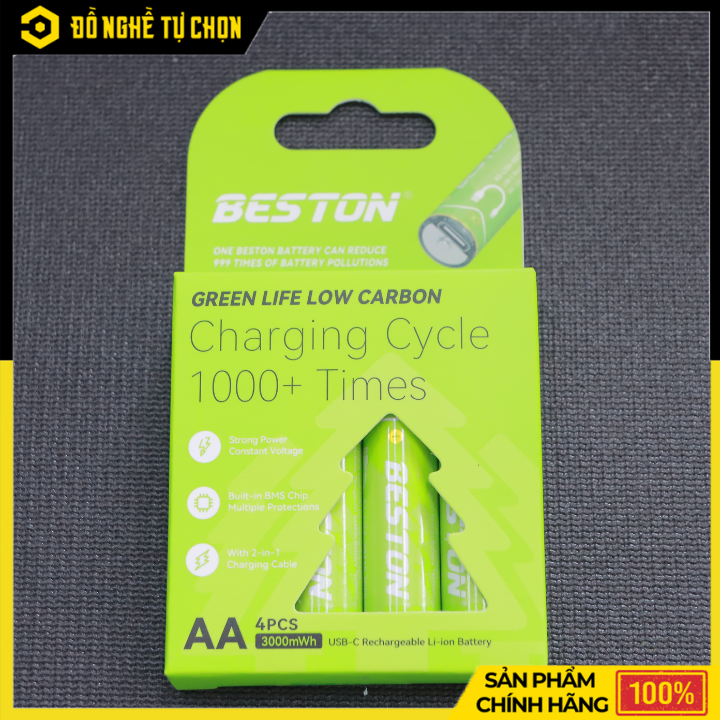 Hộp 4 Viên Pin Sạc AA 3000mWh Beston Lithium 1.5V USB-C - 2AC-80 – Sạc Trực Tiếp, Dung Lượng Cao, Tiện Lợi – Hàng Chính Hãng Có VAT
