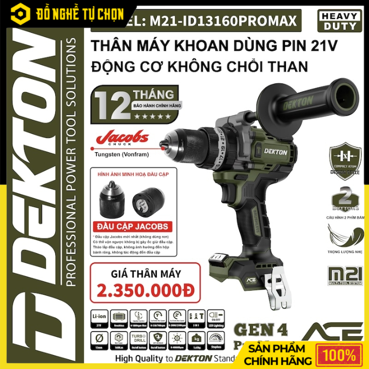Thân Máy Khoan Pin 21V Dekton M21-ID13160PROMAX – Không Chổi Than – Kickback Control – Hàng Chính Hãng Có VAT
