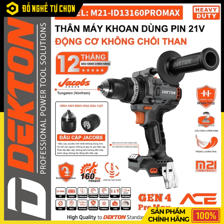 Thân Máy Khoan Pin 21V Dekton M21-ID13160PROMAX – Không Chổi Than – Kickback Control – Hàng Chính Hãng Có VAT