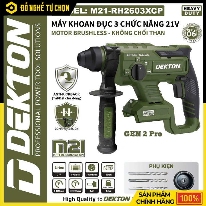 Máy Khoan Búa Pin Dekton M21-RH2603CP – Động Cơ Không Chổi Than – Lực Đập 2.6J – Đầu Kẹp SDS Plus – Hàng Chính Hãng Có VAT