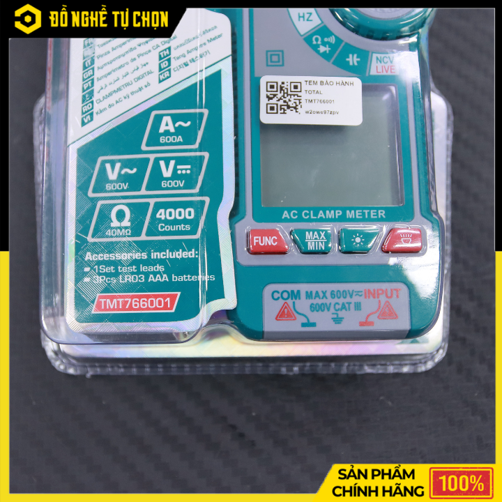 Ampe Kìm Điện Tử Total TMT766001 – True RMS – Đo Dòng AC 600A, Áp 600V – NCV, Giữ Dữ Liệu, Đèn Pin – Hàng Chính Hãng Có VAT
