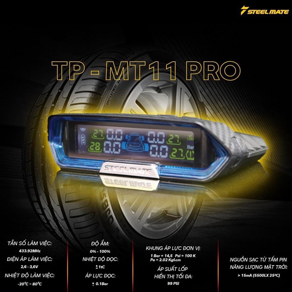 Cảm Biến Áp Suất Lốp ÔTô TPMS Cao Cấp STEELMATE TP-MT11 PRO (Cảm Biến Gắn Trong) - Hàng Chính Hãng