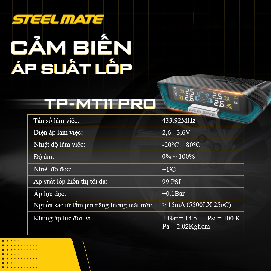 Cảm Biến Áp Suất Lốp ÔTô TPMS Cao Cấp STEELMATE TP-MT11 PRO (Cảm Biến Gắn Trong) - Hàng Chính Hãng