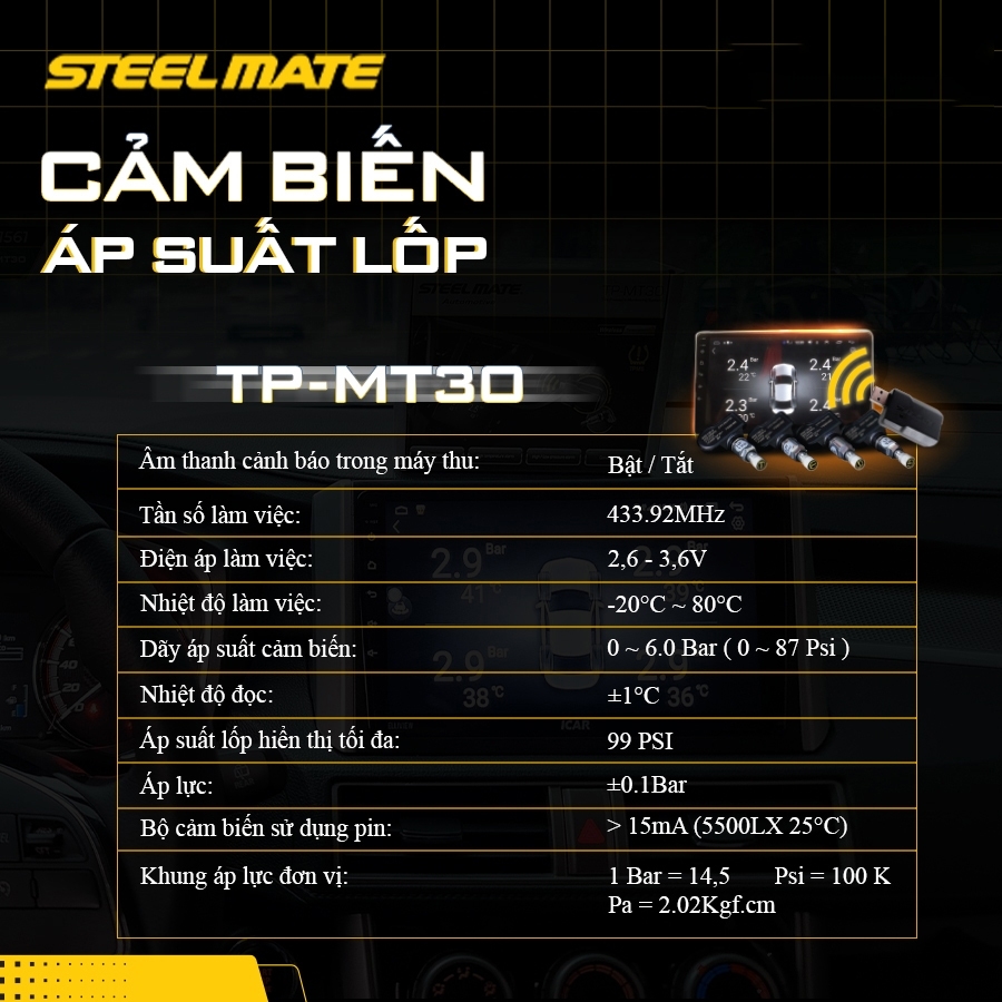 Cảm Biến Áp Suất Lốp ÔTô TPMS Cao Cấp STEELMATE TP-MT30 Kết Nối Màn Hình Android - Hàng Chính Hãng