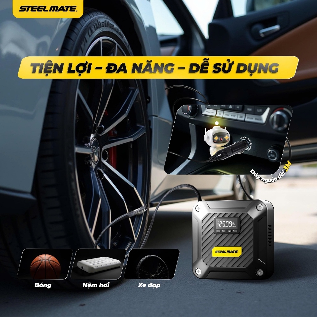Bơm Lốp Ô Tô Mini STEELMATE T5 Cắm Tẩu 12V, Tự Động Ngắt, Màn Hình Điện Tử, Bảo Hành 2 Năm