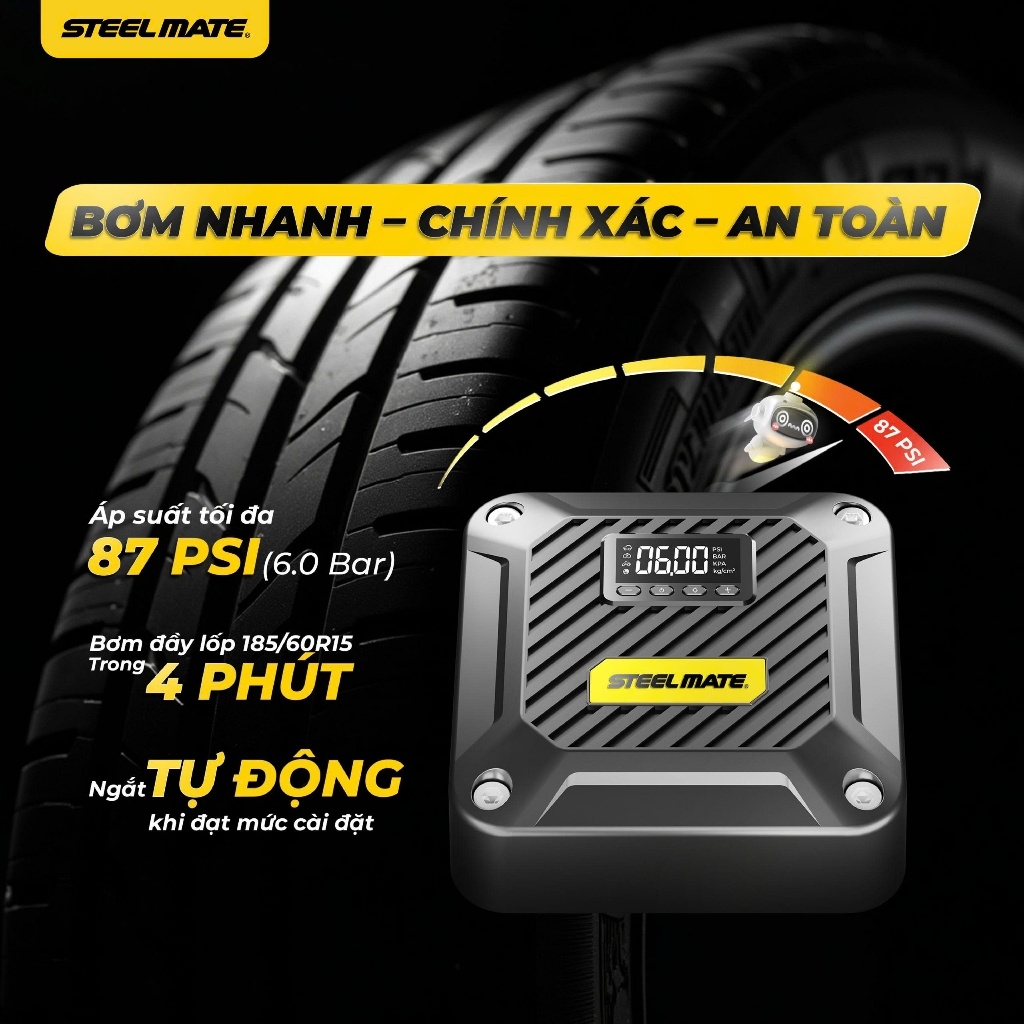 Bơm Lốp Ô Tô Mini STEELMATE T5 Cắm Tẩu 12V, Tự Động Ngắt, Màn Hình Điện Tử, Bảo Hành 2 Năm