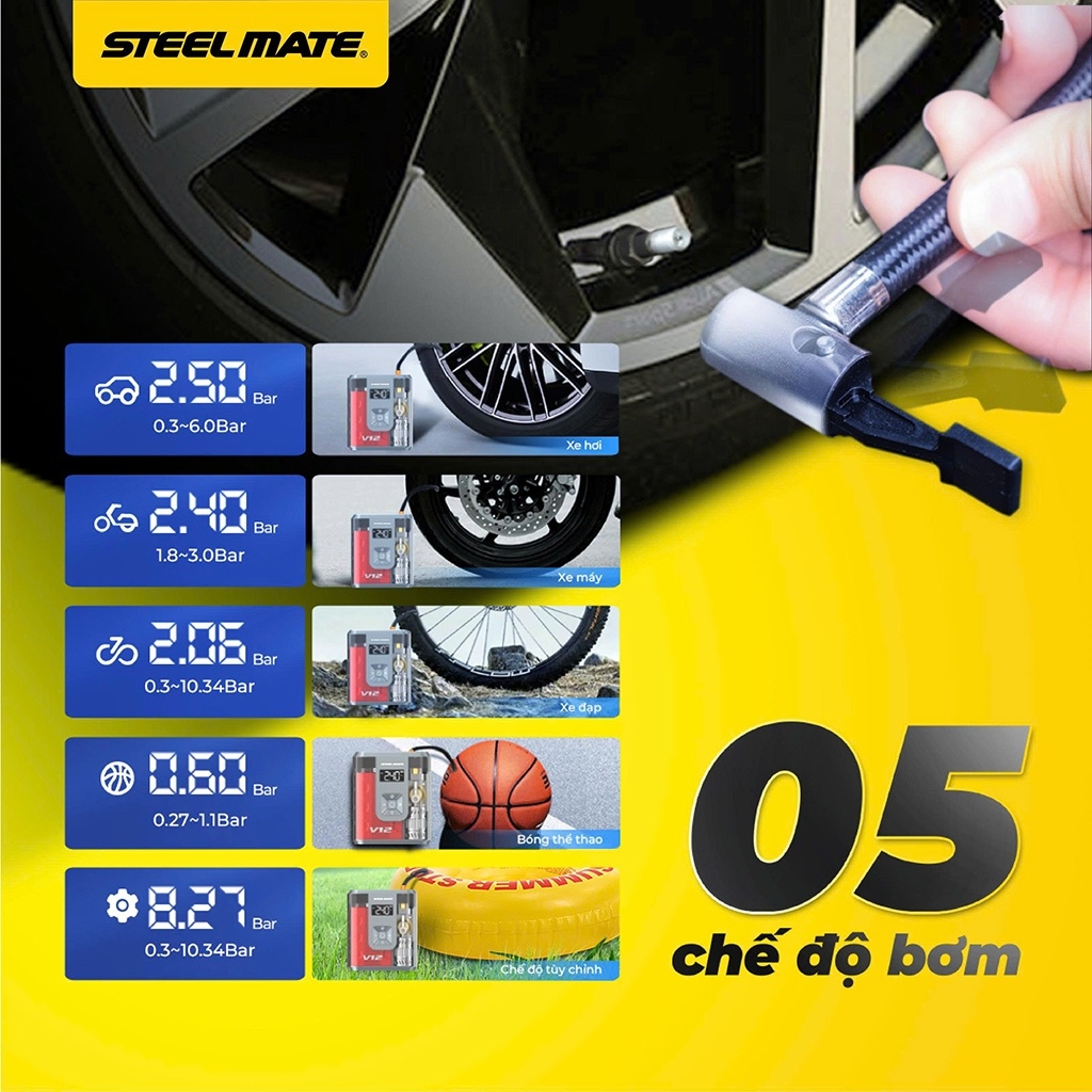 Bộ Kích Nổ Ô Tô Kiêm Bơm Lốp Đa Năng STEELMATE V12 Cao Cấp Kiêm Sạc Dự Phòng (hàng chính hãng)