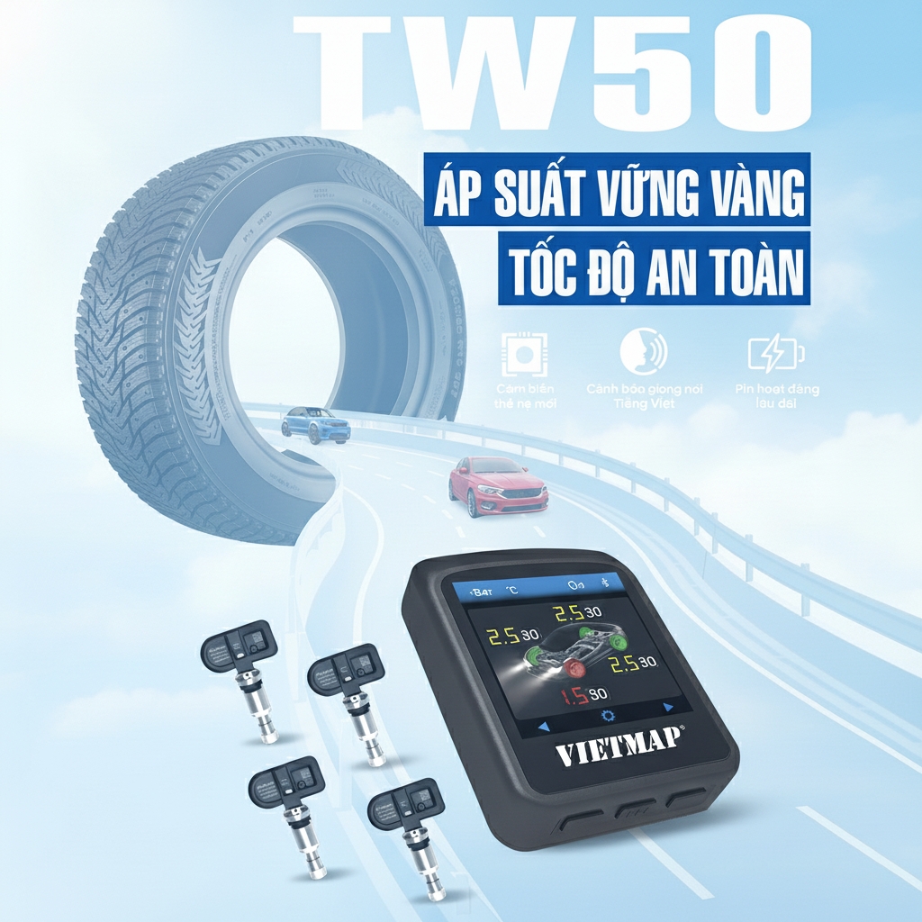Cảm Biến Áp Suất Lốp TPMS Vietmap TW50 Cảnh Báo Tiếng Việt, Kết Nối Điện Thoại, Màn Hình Android