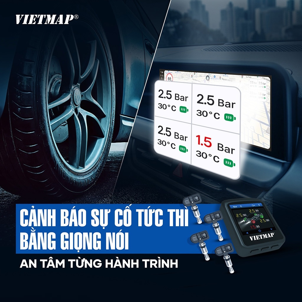 Cảm Biến Áp Suất Lốp TPMS Vietmap TW50 Cảnh Báo Tiếng Việt, Kết Nối Điện Thoại, Màn Hình Android