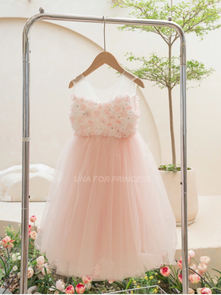 VÁY CÔNG CHÚA THIẾT KẾ ĐÍNH HOA PHỐI TRẮNG HỒNG 3D SIÊU XINH CHO BÉ