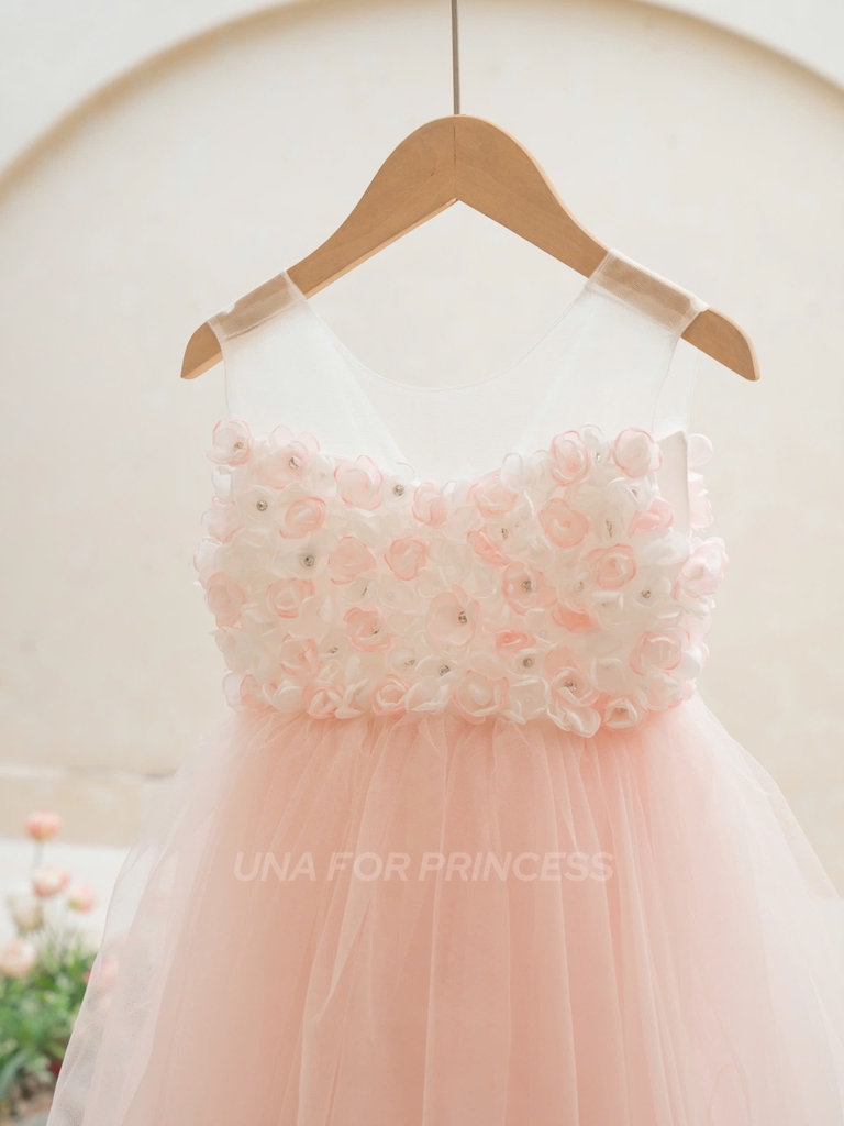 VÁY CÔNG CHÚA THIẾT KẾ ĐÍNH HOA PHỐI TRẮNG HỒNG 3D SIÊU XINH CHO BÉ