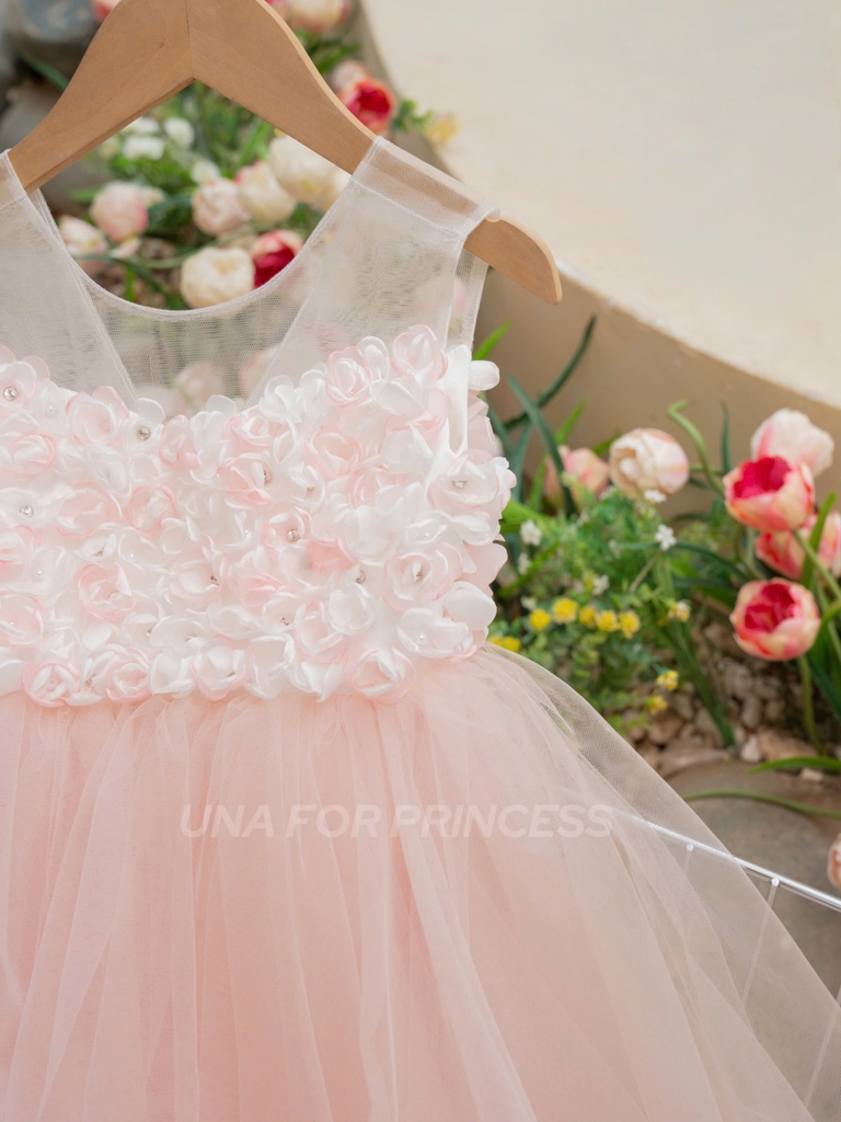 VÁY CÔNG CHÚA THIẾT KẾ ĐÍNH HOA PHỐI TRẮNG HỒNG 3D SIÊU XINH CHO BÉ