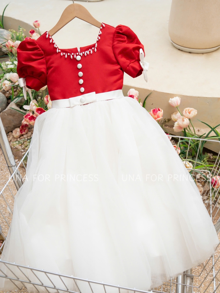 Váy Công Chúa Cao Cấp Cổ U Tay Bồng Màu Trắng Đỏ Nổi Bật Cho Bé Gái