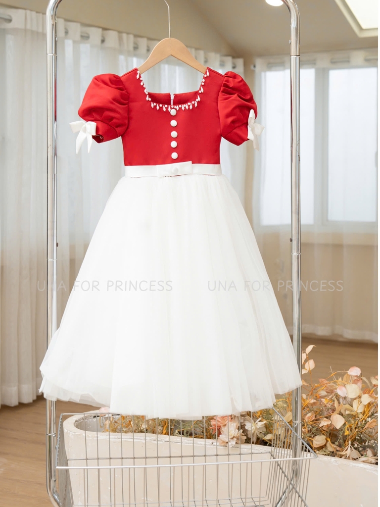 Váy Công Chúa Cao Cấp Cổ U Tay Bồng Màu Trắng Đỏ Nổi Bật Cho Bé Gái