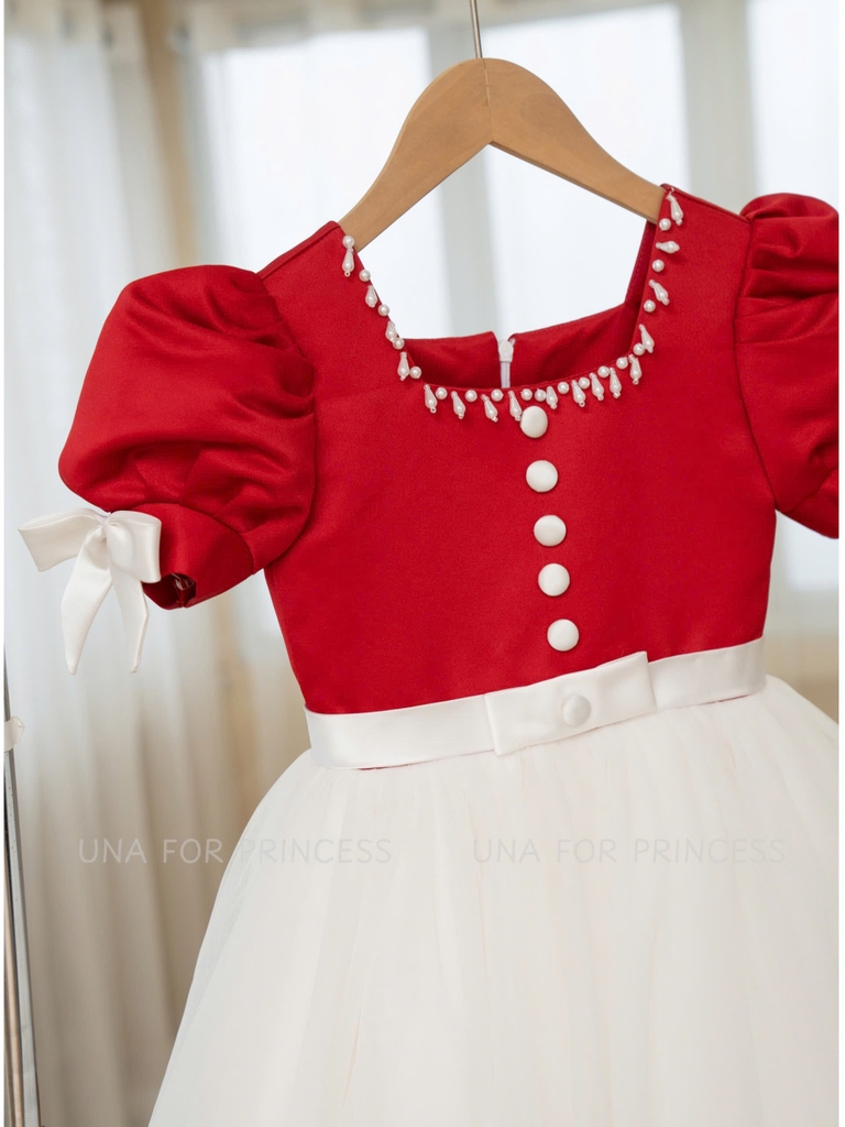 Váy Công Chúa Cao Cấp Cổ U Tay Bồng Màu Trắng Đỏ Nổi Bật Cho Bé Gái