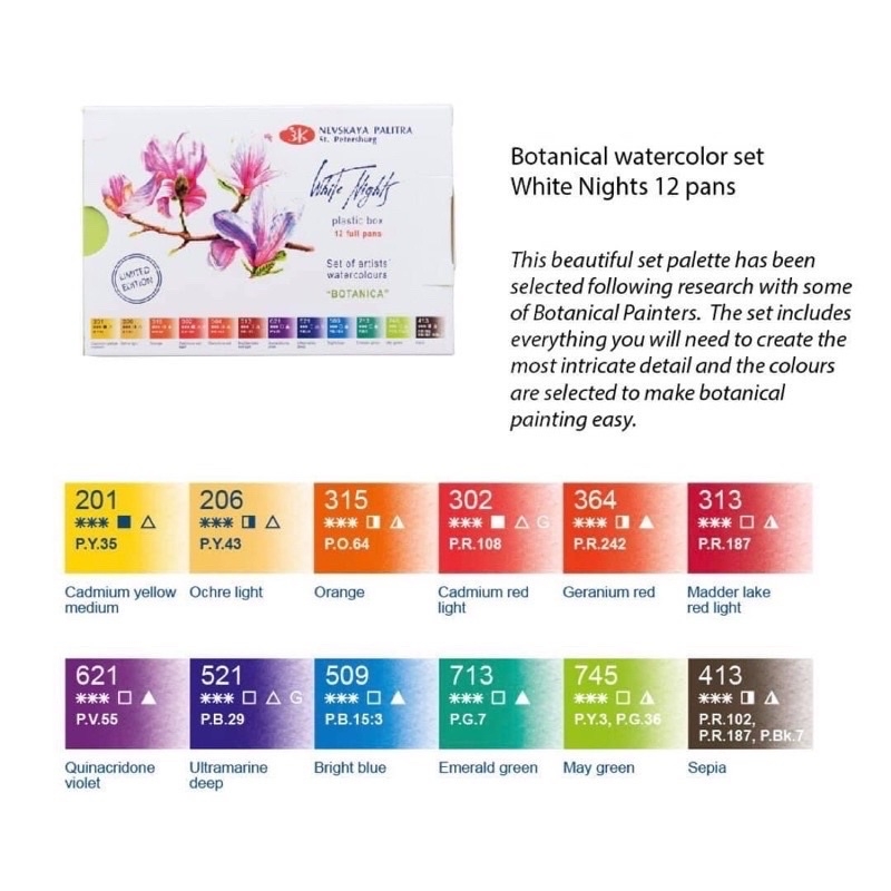 Màu nước nén White Nights JSC Nga 12 limited, 24 màu, 36 màu dạng pan nén hộp nhựa hạng họa sĩ chuyên nghiệp