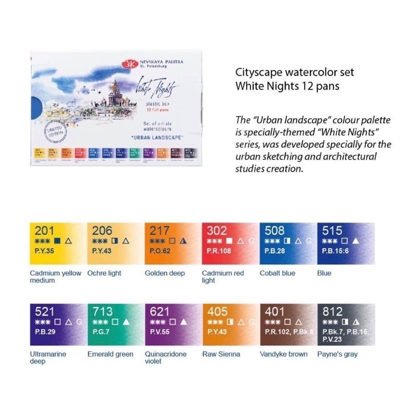 Màu nước nén White Nights JSC Nga 12 limited, 24 màu, 36 màu dạng pan nén hộp nhựa hạng họa sĩ chuyên nghiệp