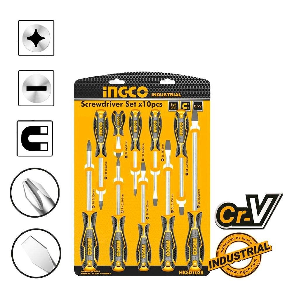 Bộ 10 tua vít INGCO HKSD1028 gồm tua vít bake và tua vít dẹp chất liệu thép, đuôi tròn đa kích thước,