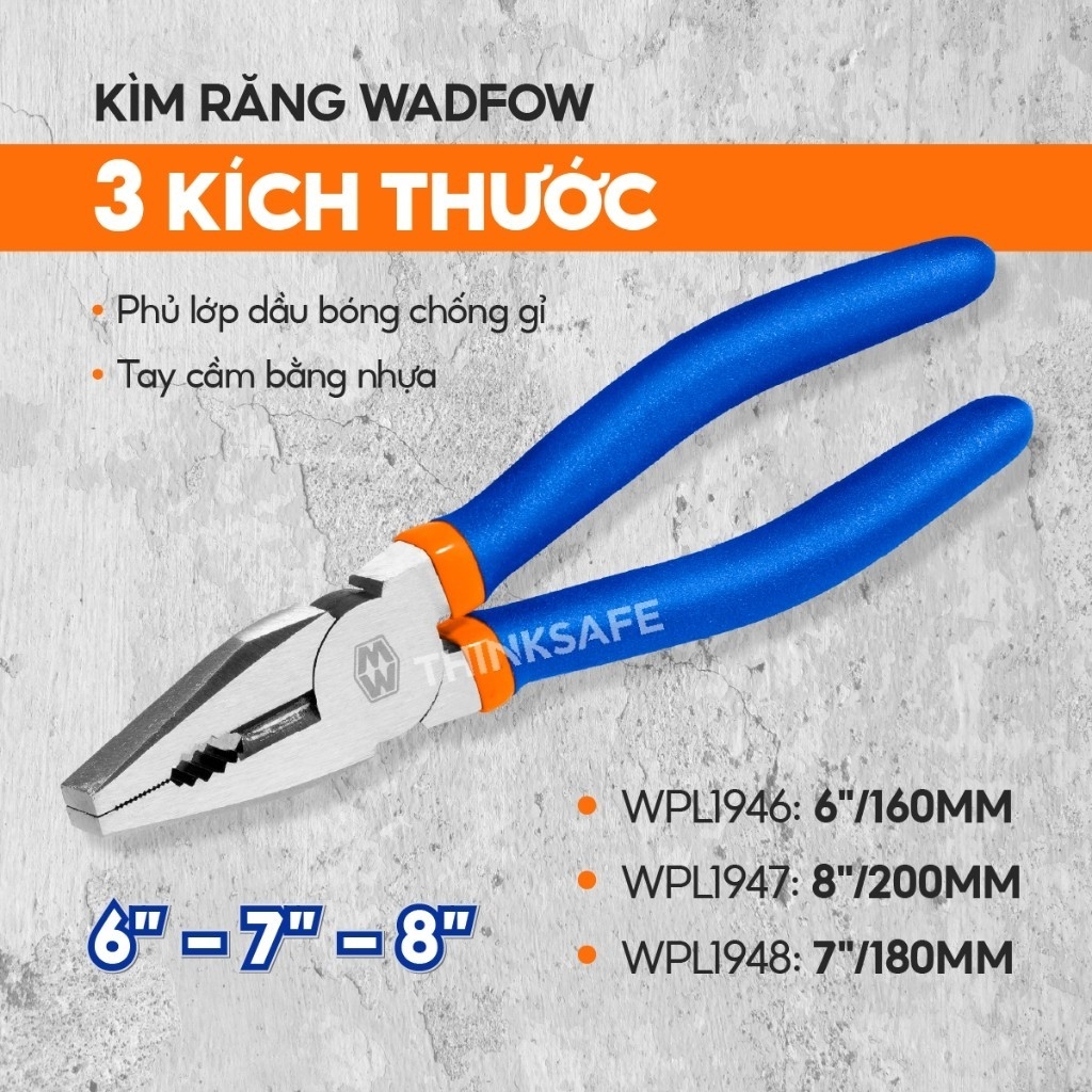 Kìm răng Wadfow nhiều kích thước 4.5 inch - 8 inch phủ dầu bóng chống gỉ tay cầm nhựa, Kìm điện chính hãng