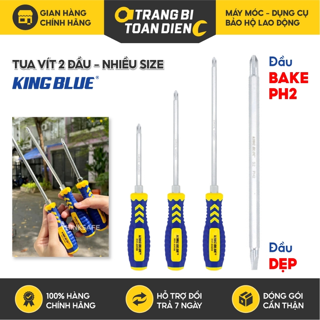 Tua vít 2 đầu PH2 KingBlue KV1 kích thước 6x100/ 6x150/ 6x200 mm, thép CRV, tuốc nơ vít đa năng 2 đầu dẹp và bake