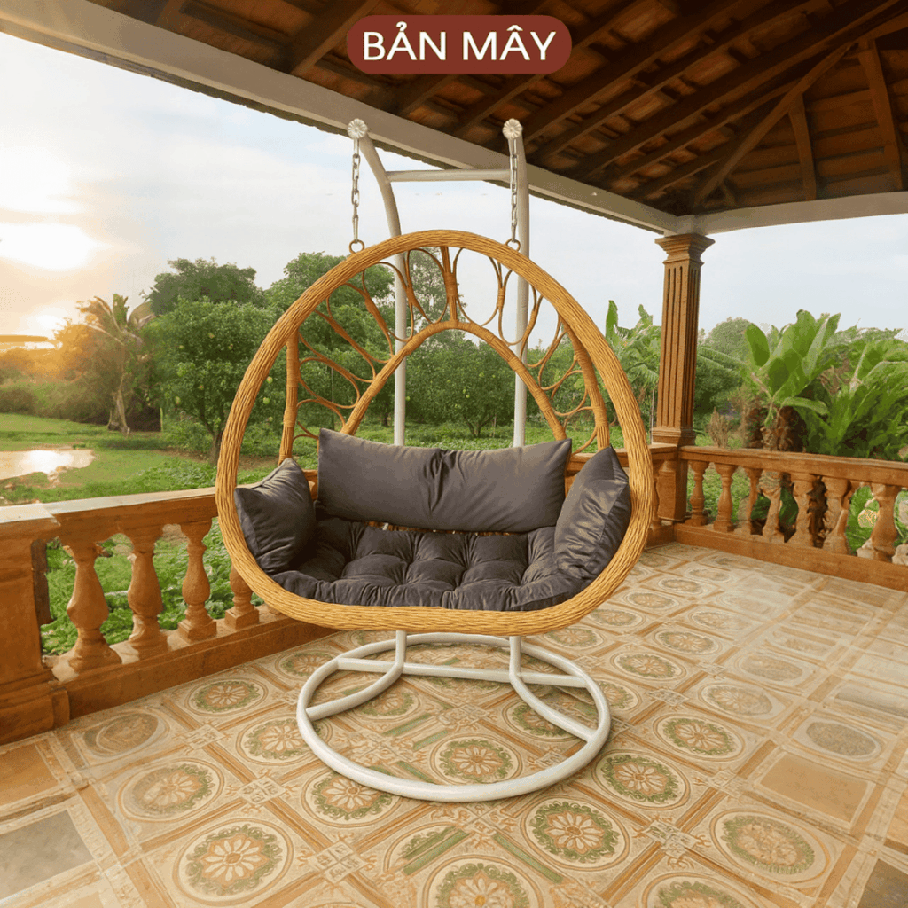 Xích đu ngoài trời, xích đu ban công sân vườn khung thép đan mây nhựa ngồi được 2-3 người lớn, nội thất bản mây